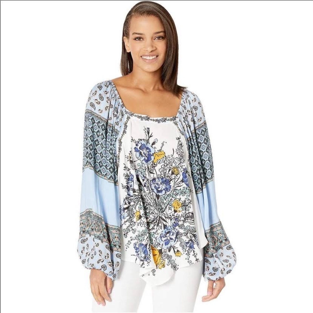 Free People Positano Flowy Floral Blue Long Sleeve Blouse size Small